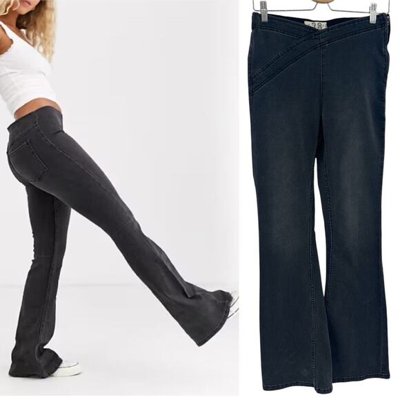 Free People We The Free Pull-On Flare Jeans Crossfront Black Denim Size 28 - Picture 1 of 12